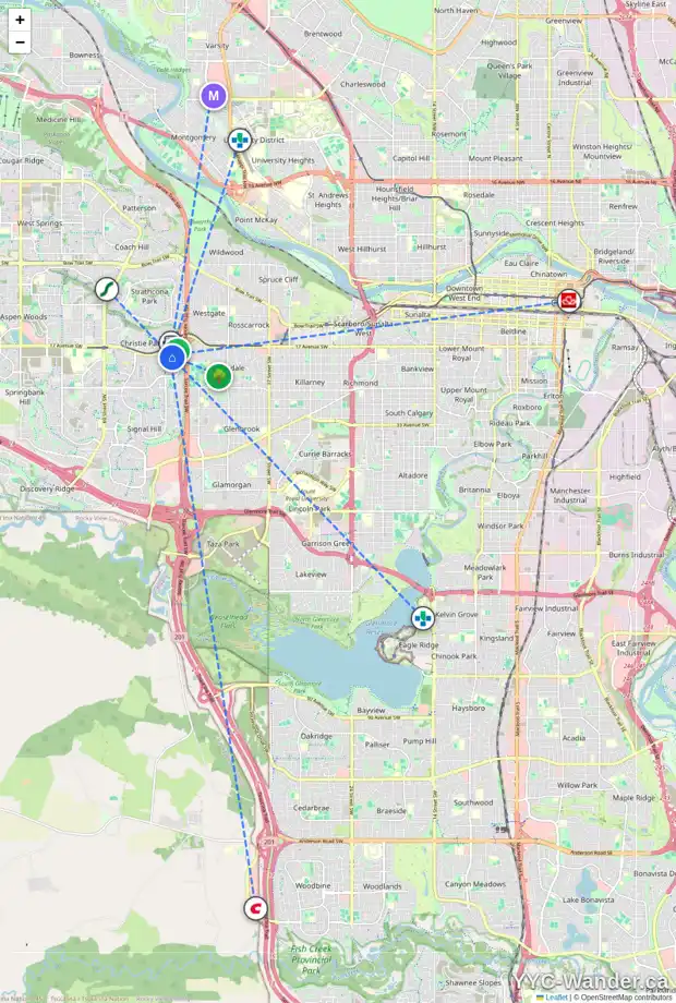 Daily accessibility map for 32 SIGNATURE MR SW, Calgary showing nearby schools, grocery stores, parks, LRT stations and nearby amenities