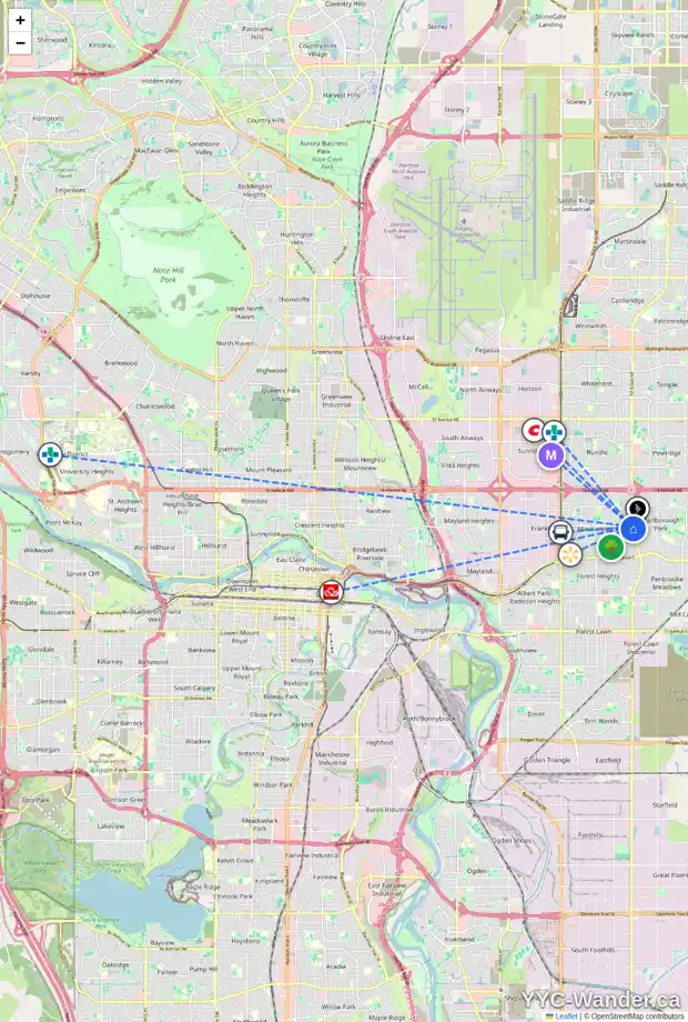 Daily accessibility map for 715 52 ST NE, Calgary showing nearby schools, grocery stores, parks, LRT stations and nearby amenities