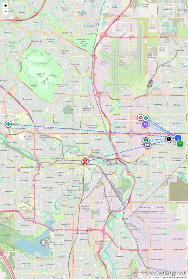 Daily accessibility map for 404 MANORA RI NE, Calgary showing nearby schools, grocery stores, parks, LRT stations and nearby amenities