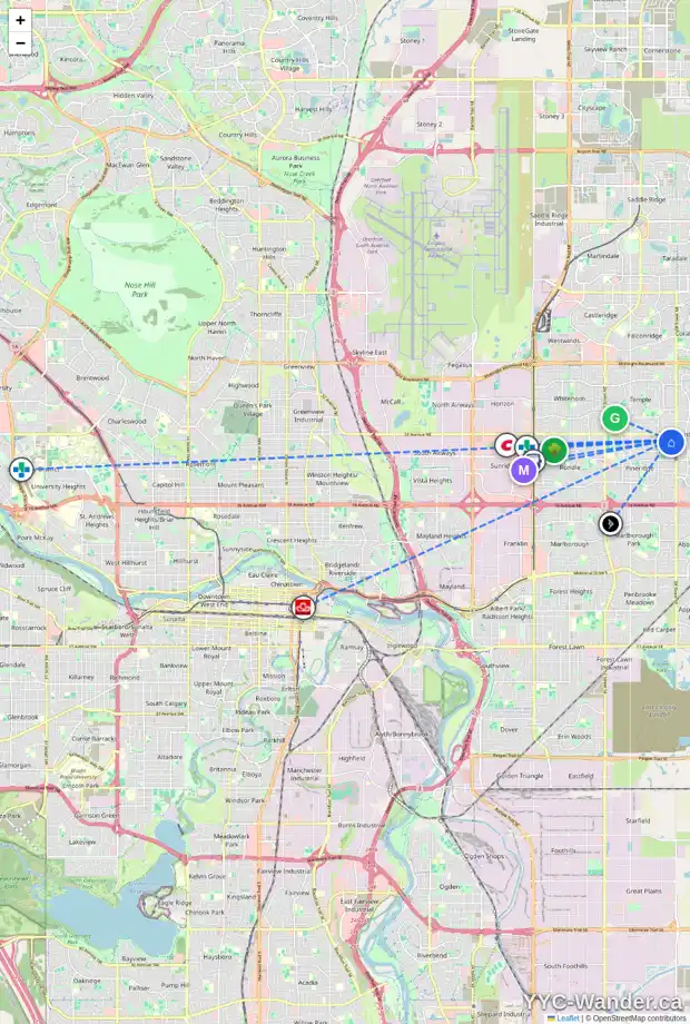Daily accessibility map for 163 PINECLIFF WY NE, Calgary showing nearby schools, grocery stores, parks, LRT stations and nearby amenities