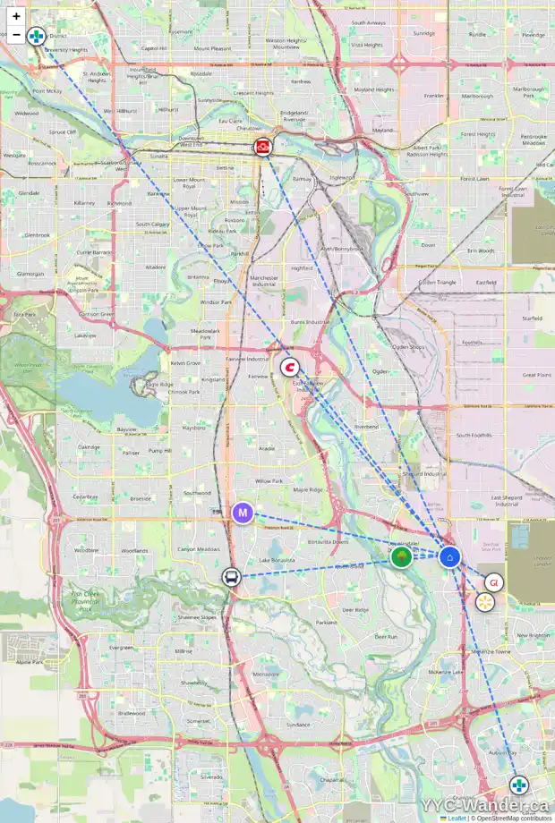 Daily accessibility map for 9 DOUGLAS WOODS GD SE, Calgary showing nearby schools, grocery stores, parks, LRT stations and nearby amenities
