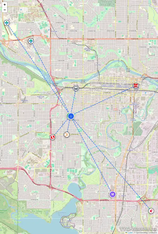 Daily accessibility map for 2419 17A ST SW, Calgary showing nearby schools, grocery stores, parks, LRT stations and nearby amenities