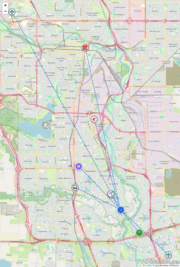 Daily accessibility map for 105 15403 DEER RUN DR SE, Calgary showing nearby schools, grocery stores, parks, LRT stations and nearby amenities