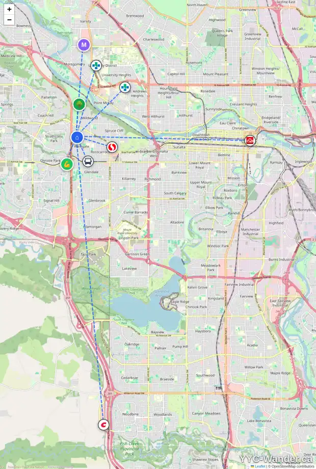Daily accessibility map for 146 WESTOVER DR SW, Calgary showing nearby schools, grocery stores, parks, LRT stations and nearby amenities