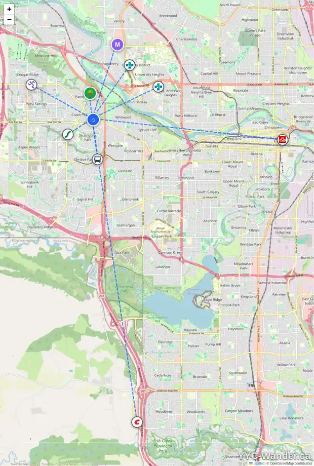 Daily accessibility map for 39 COACH GATE WY SW, Calgary showing nearby schools, grocery stores, parks, LRT stations and nearby amenities