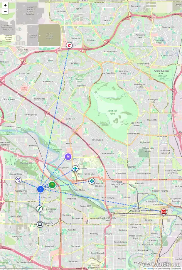 Daily accessibility map for 171 10 COACHWAY RD SW, Calgary showing nearby schools, grocery stores, parks, LRT stations and nearby amenities