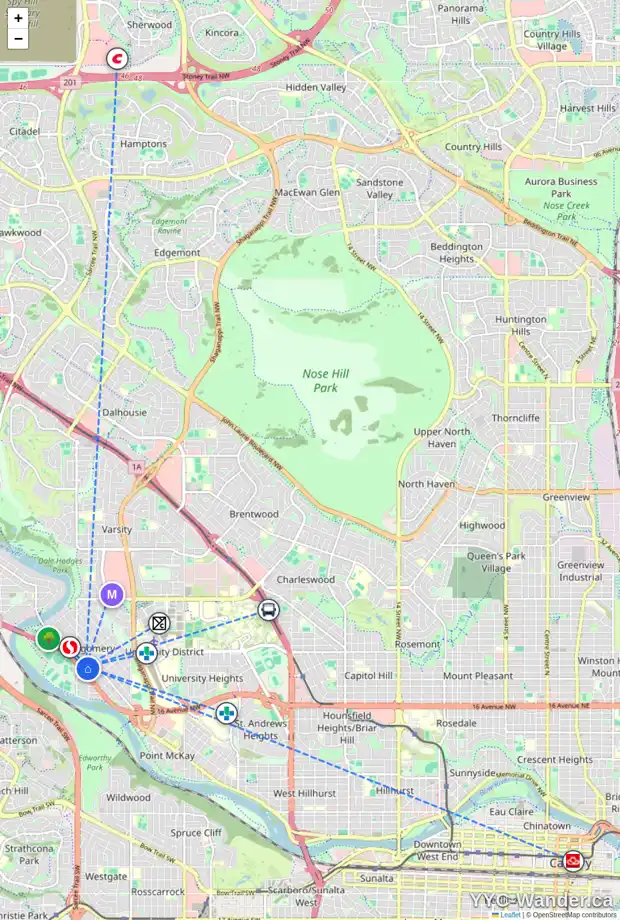 Daily accessibility map for 4703 17 AV NW, Calgary showing nearby schools, grocery stores, parks, LRT stations and nearby amenities