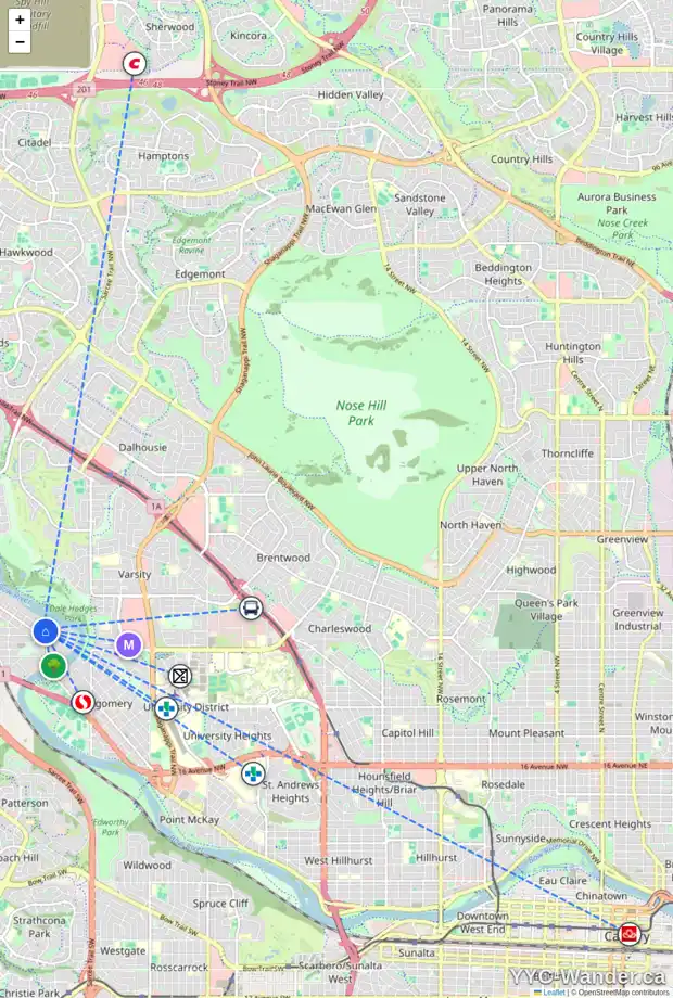 Daily accessibility map for 6111 BOW CR NW, Calgary showing nearby schools, grocery stores, parks, LRT stations and nearby amenities
