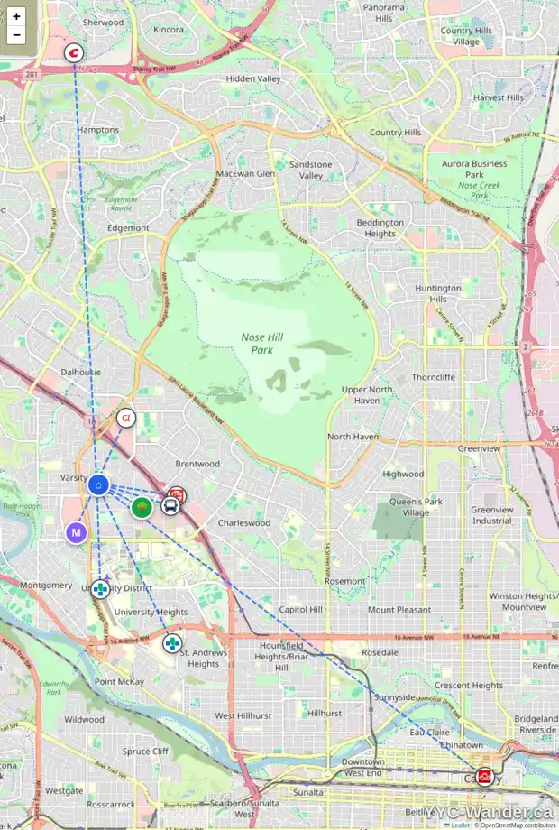 Daily accessibility map for 4347 VAUXHALL CR NW, Calgary showing nearby schools, grocery stores, parks, LRT stations and nearby amenities