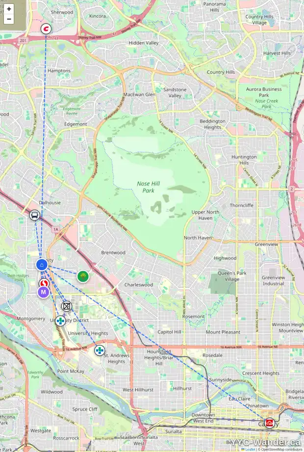 Daily accessibility map for 4939 VALIANT DR NW, Calgary showing nearby schools, grocery stores, parks, LRT stations and nearby amenities