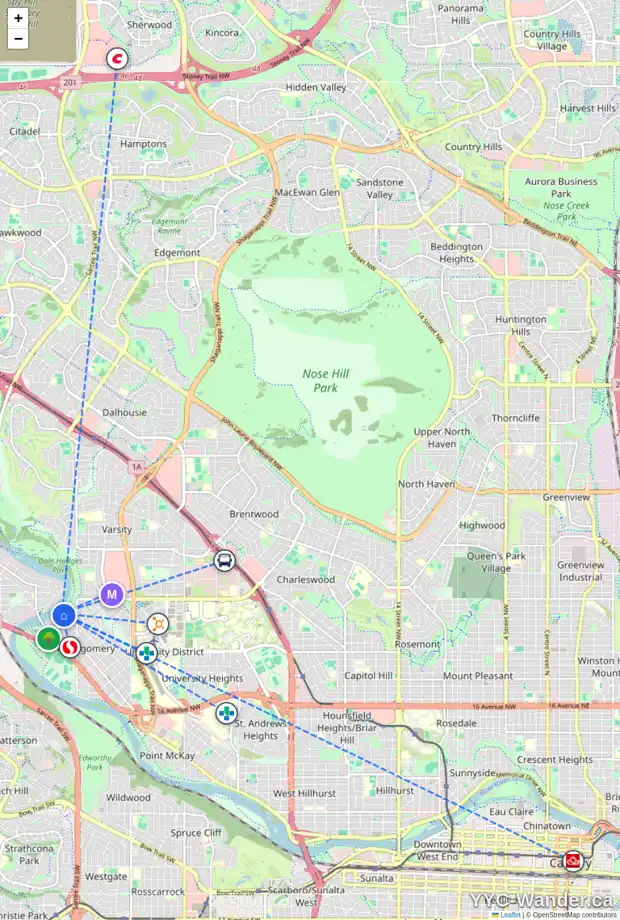 Daily accessibility map for 2003 52 ST NW, Calgary showing nearby schools, grocery stores, parks, LRT stations and nearby amenities