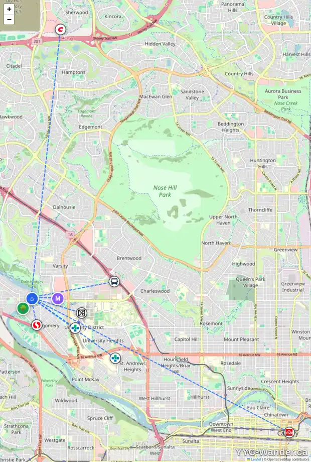 Daily accessibility map for 5924 BOW CR NW, Calgary showing nearby schools, grocery stores, parks, LRT stations and nearby amenities