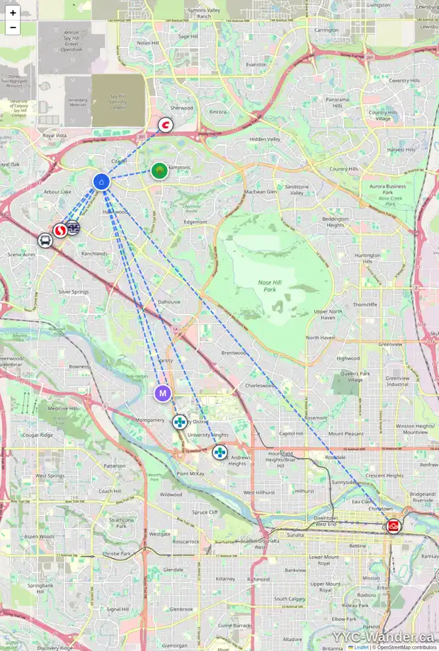 Daily accessibility map for 76 ARBOUR RIDGE PA NW, Calgary showing nearby schools, grocery stores, parks, LRT stations and nearby amenities