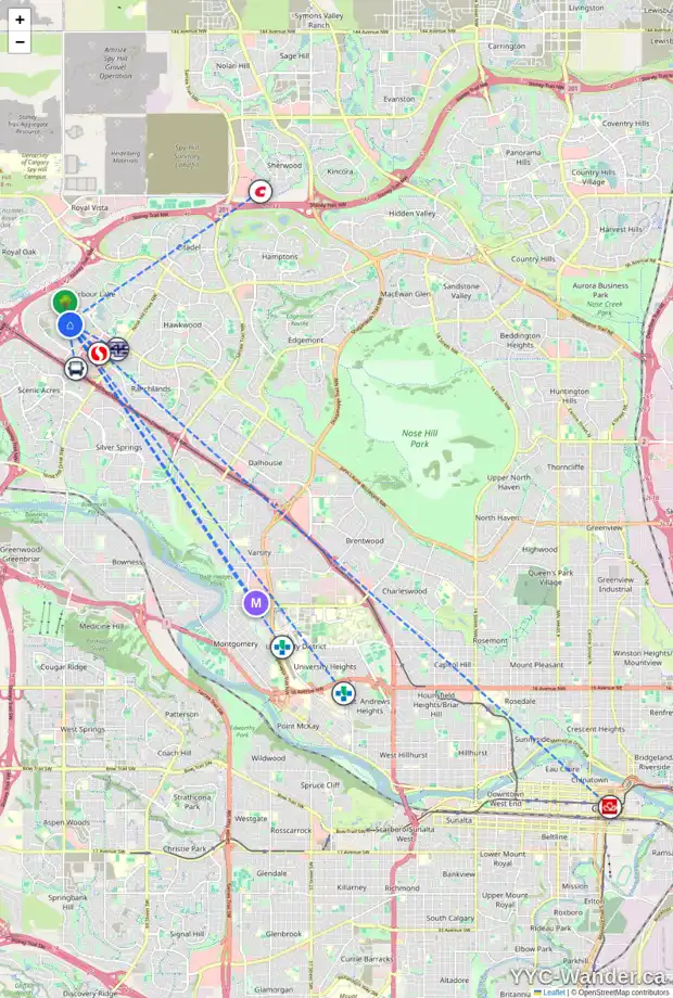 Daily accessibility map for 148 ARBOUR WOOD ME NW, Calgary showing nearby schools, grocery stores, parks, LRT stations and nearby amenities