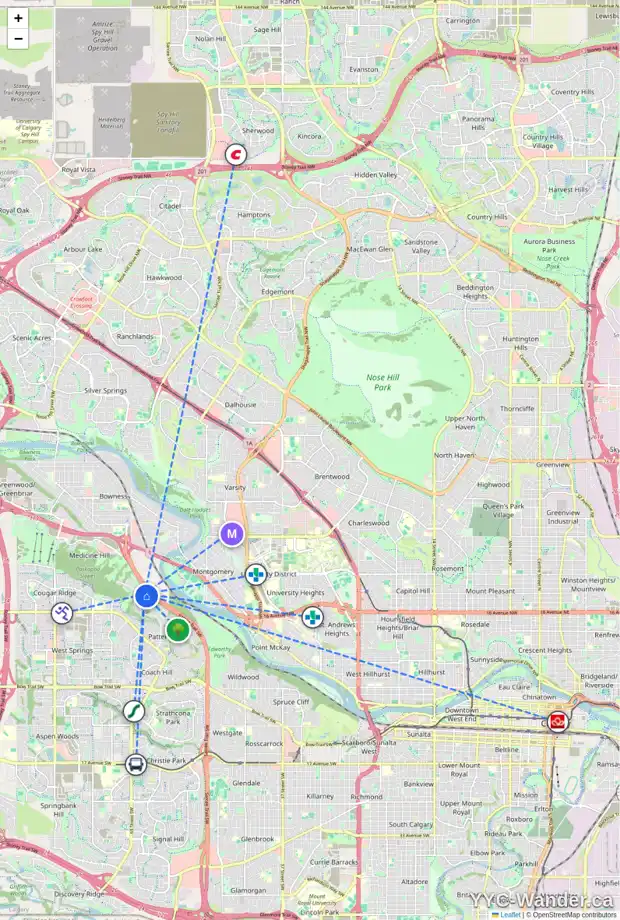 Daily accessibility map for 54 PATTERSON CL SW, Calgary showing nearby schools, grocery stores, parks, LRT stations and nearby amenities