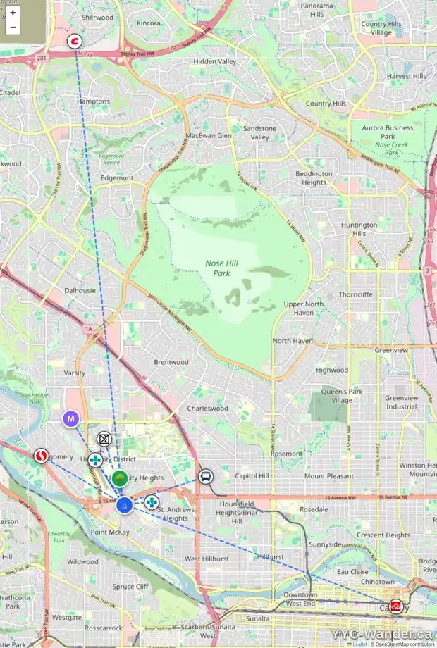 Daily accessibility map for 850 37 ST NW, Calgary showing nearby schools, grocery stores, parks, LRT stations and nearby amenities