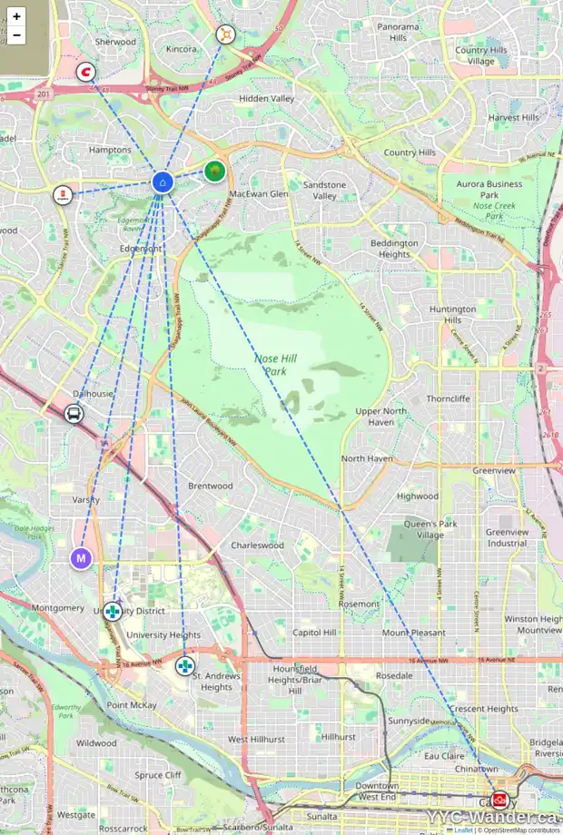 Daily accessibility map for 32 EDGERIDGE GR NW, Calgary showing nearby schools, grocery stores, parks, LRT stations and nearby amenities