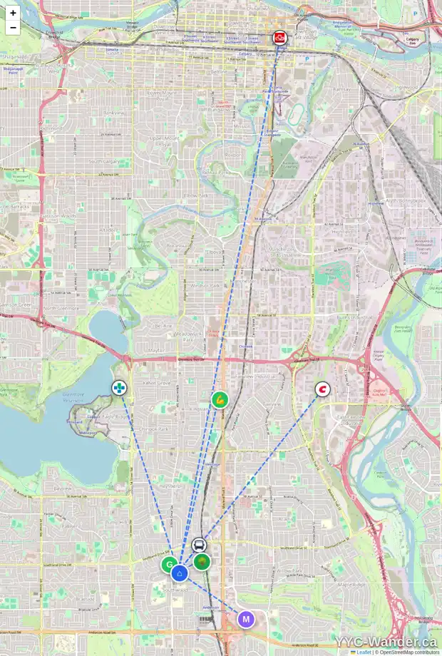 Daily accessibility map for 832 104 AV SW, Calgary showing nearby schools, grocery stores, parks, LRT stations and nearby amenities