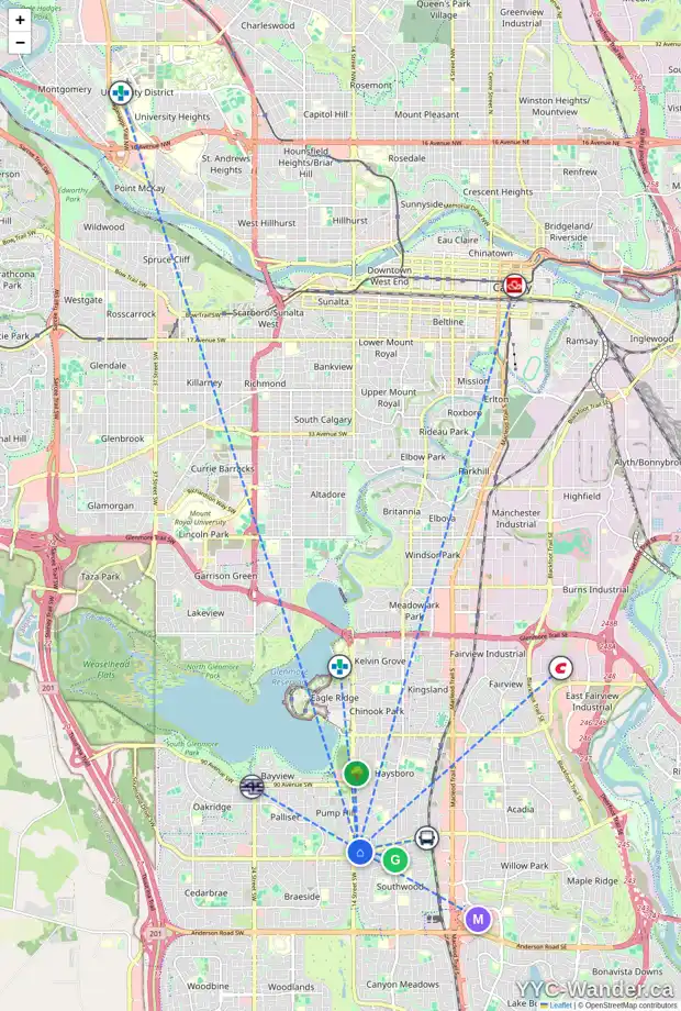 Daily accessibility map for 102 SELKIRK DR SW, Calgary showing nearby schools, grocery stores, parks, LRT stations and nearby amenities