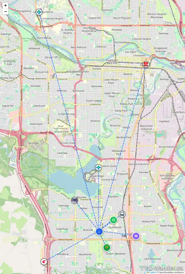 Daily accessibility map for 100 BRAZEAU CR SW, Calgary showing nearby schools, grocery stores, parks, LRT stations and nearby amenities