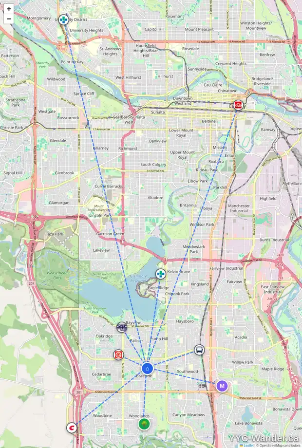 Daily accessibility map for 346 BRAE GLEN RD SW, Calgary showing nearby schools, grocery stores, parks, LRT stations and nearby amenities
