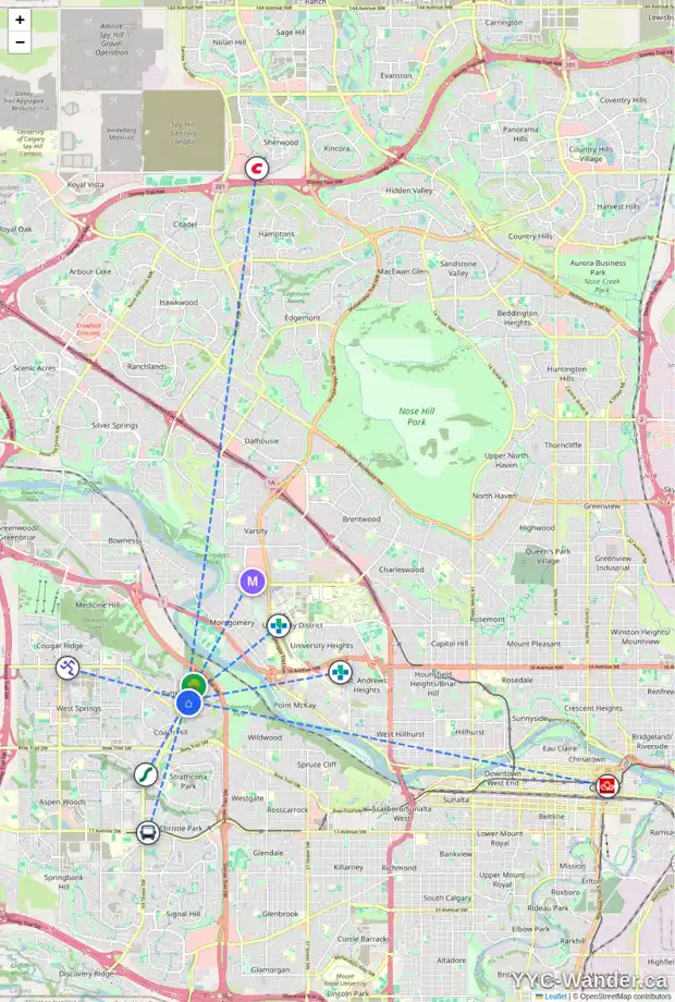 Daily accessibility map for 16 PROMINENCE PA SW, Calgary showing nearby schools, grocery stores, parks, LRT stations and nearby amenities