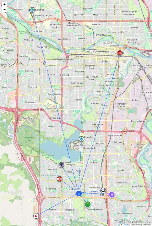 Daily accessibility map for 1731 111 AV SW, Calgary showing nearby schools, grocery stores, parks, LRT stations and nearby amenities