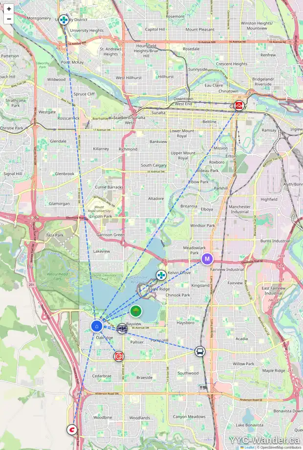 Daily accessibility map for 319 OAKFERN CR SW, Calgary showing nearby schools, grocery stores, parks, LRT stations and nearby amenities