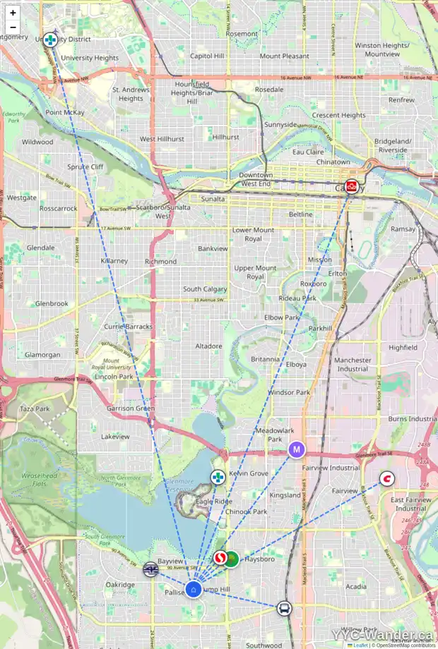 Daily accessibility map for 216 PUMP HILL GD SW, Calgary showing nearby schools, grocery stores, parks, LRT stations and nearby amenities