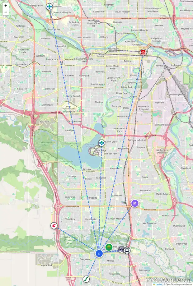 Daily accessibility map for 21 EVERGREEN CR SW, Calgary showing nearby schools, grocery stores, parks, LRT stations and nearby amenities