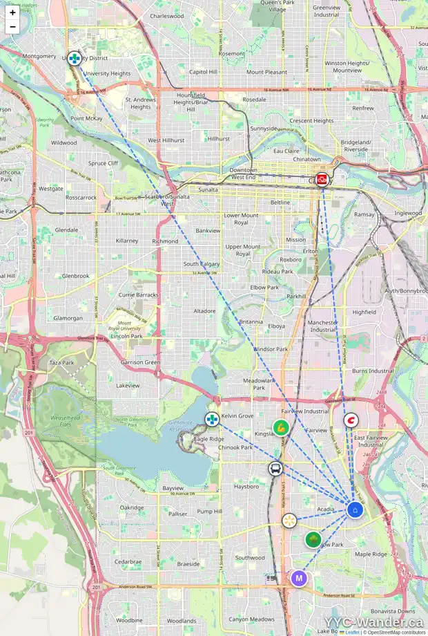 Daily accessibility map for 824 94 AV SE, Calgary showing nearby schools, grocery stores, parks, LRT stations and nearby amenities