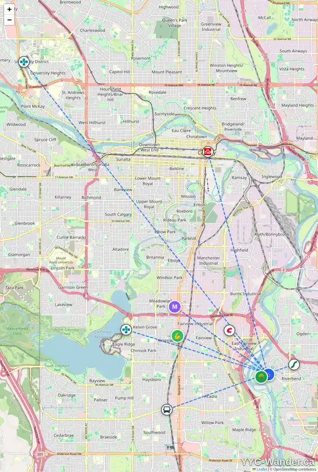 Daily accessibility map for 228 RIVERSIDE BA SE, Calgary showing nearby schools, grocery stores, parks, LRT stations and nearby amenities
