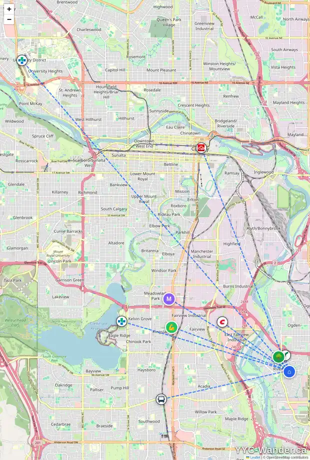 Daily accessibility map for 35 RIVERGLEN RD SE, Calgary showing nearby schools, grocery stores, parks, LRT stations and nearby amenities