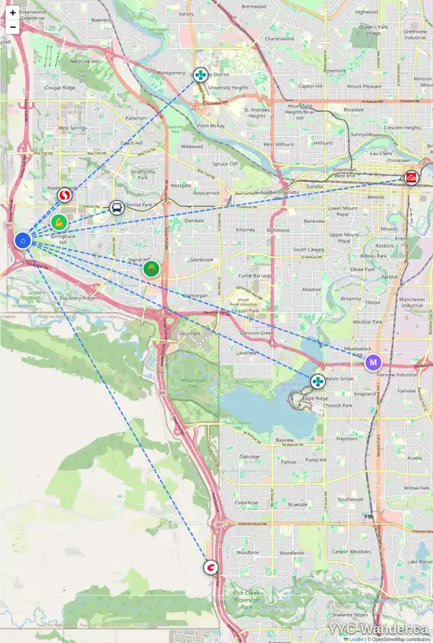 Daily accessibility map for 45 SLOPES RD SW, Calgary showing nearby schools, grocery stores, parks, LRT stations and nearby amenities