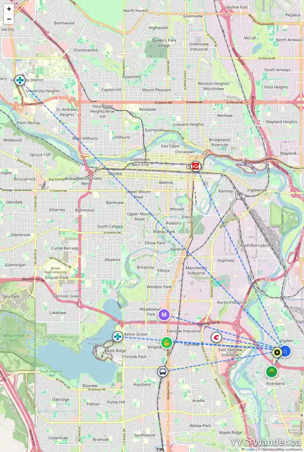 Daily accessibility map for 7447 20A ST SE, Calgary showing nearby schools, grocery stores, parks, LRT stations and nearby amenities