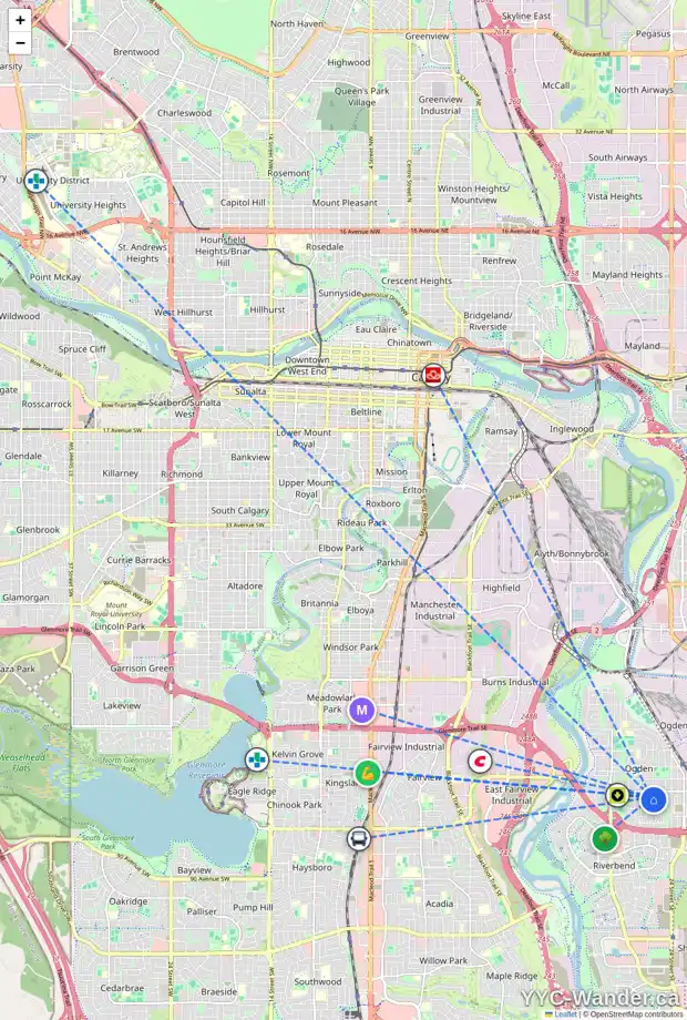 Daily accessibility map for 7623 22 ST SE, Calgary showing nearby schools, grocery stores, parks, LRT stations and nearby amenities