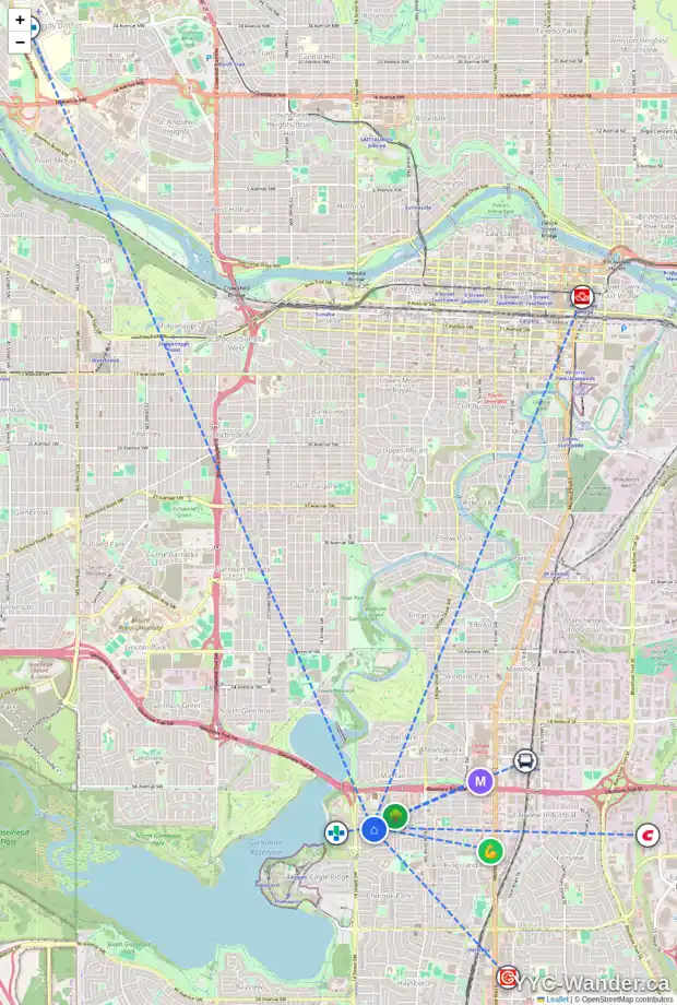 Daily accessibility map for 1323 70 AV SW, Calgary showing nearby schools, grocery stores, parks, LRT stations and nearby amenities