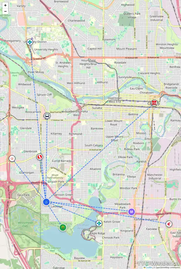 Daily accessibility map for 5923 34 ST SW, Calgary showing nearby schools, grocery stores, parks, LRT stations and nearby amenities