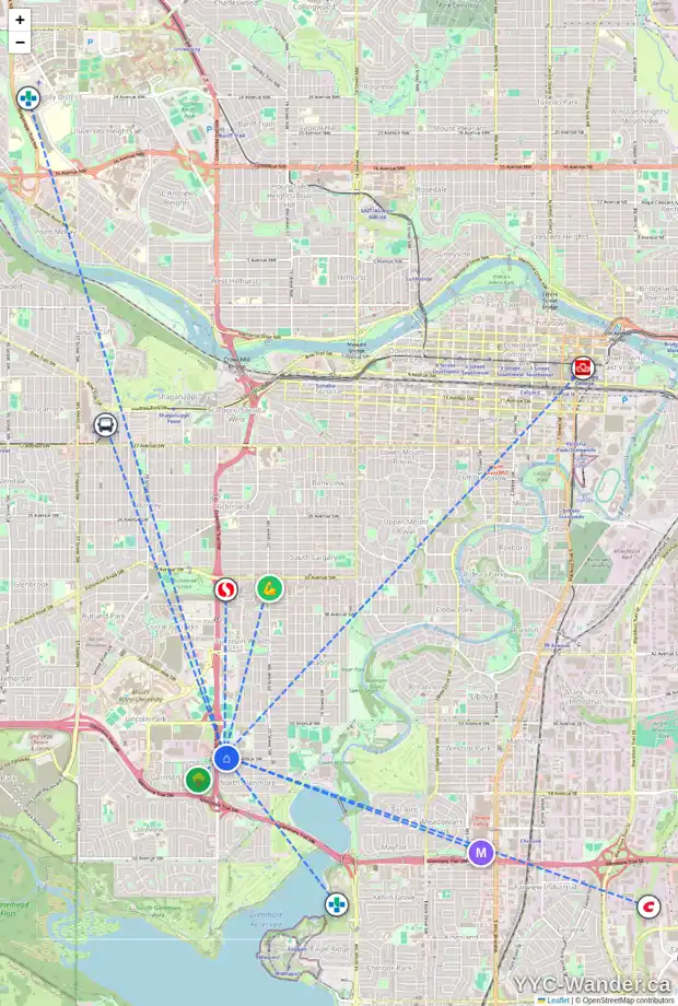 Daily accessibility map for 2428 54 AV SW, Calgary showing nearby schools, grocery stores, parks, LRT stations and nearby amenities