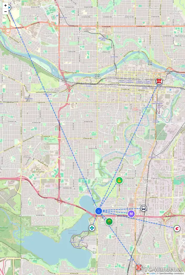 Daily accessibility map for 75 MASSEY PL SW, Calgary showing nearby schools, grocery stores, parks, LRT stations and nearby amenities