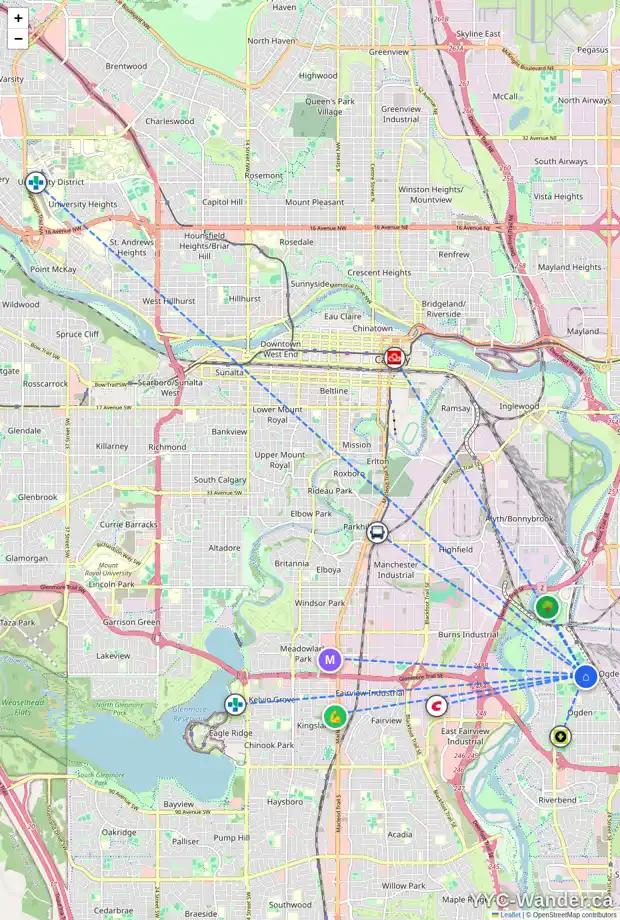 Daily accessibility map for 2176 CRESTWOOD RD SE, Calgary showing nearby schools, grocery stores, parks, LRT stations and nearby amenities
