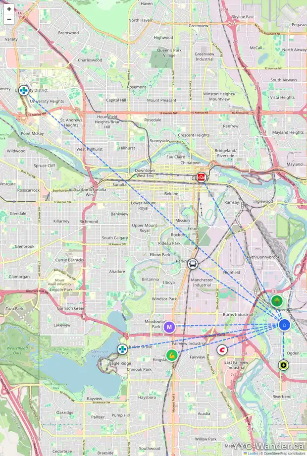 Daily accessibility map for 1934 62 AV SE, Calgary showing nearby schools, grocery stores, parks, LRT stations and nearby amenities