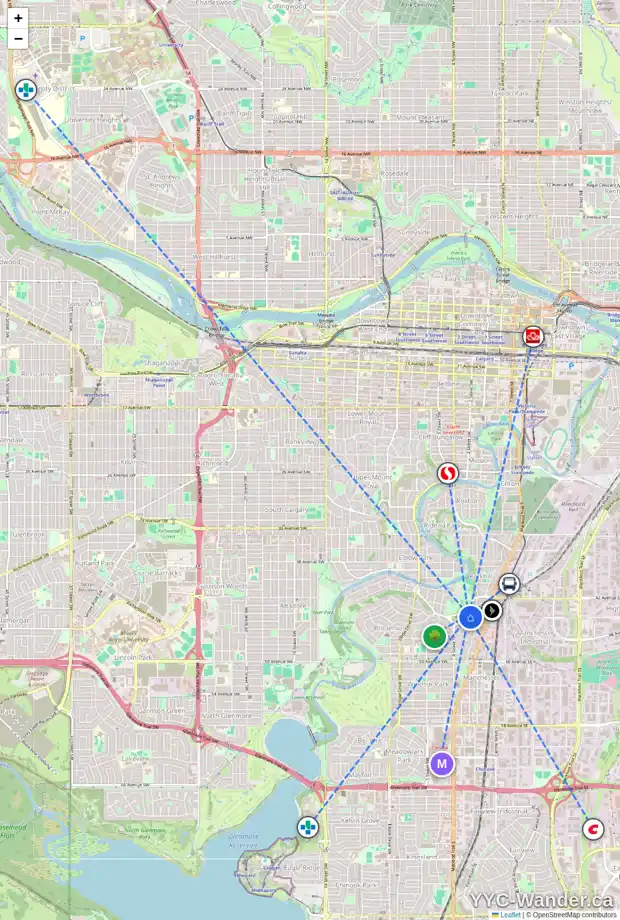 Daily accessibility map for 4523 STANLEY DR SW, Calgary showing nearby schools, grocery stores, parks, LRT stations and nearby amenities
