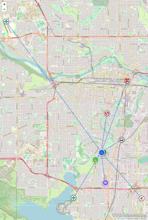 Daily accessibility map for 608 47 AV SW, Calgary showing nearby schools, grocery stores, parks, LRT stations and nearby amenities