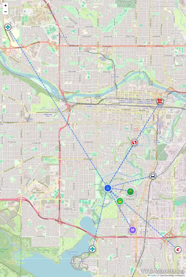 Daily accessibility map for 4608 BRITANNIA DR SW, Calgary showing nearby schools, grocery stores, parks, LRT stations and nearby amenities