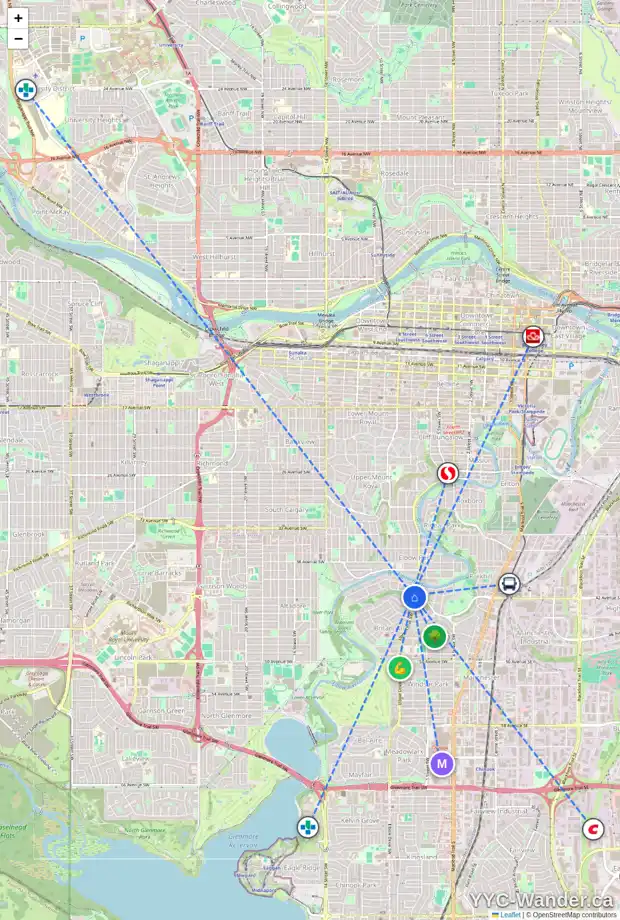 Daily accessibility map for 4209 BRITANNIA LN SW, Calgary showing nearby schools, grocery stores, parks, LRT stations and nearby amenities
