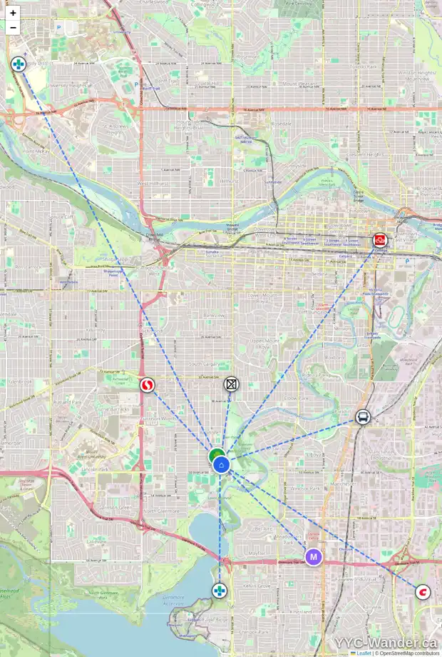 Daily accessibility map for 4907 15 ST SW, Calgary showing nearby schools, grocery stores, parks, LRT stations and nearby amenities