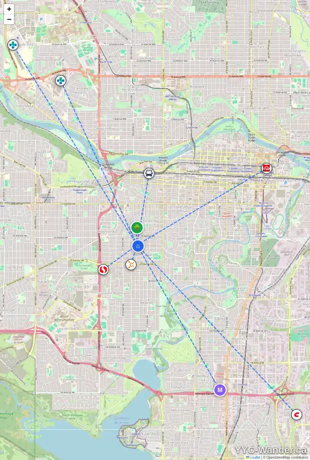 Daily accessibility map for 2902 18 ST SW, Calgary showing nearby schools, grocery stores, parks, LRT stations and nearby amenities