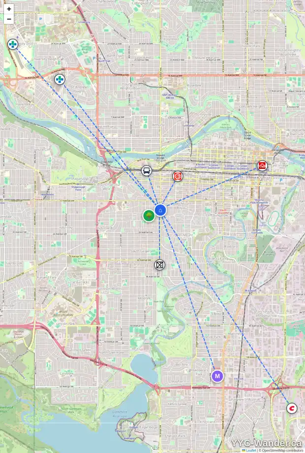 Daily accessibility map for 303 2203 14 ST SW, Calgary showing nearby schools, grocery stores, parks, LRT stations and nearby amenities