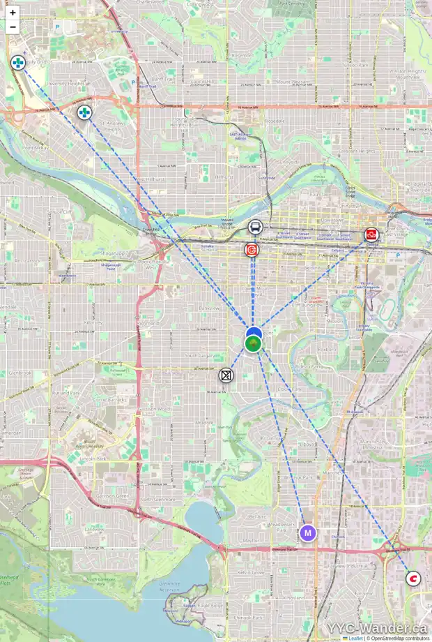 Daily accessibility map for 1128 FRONTENAC AV SW, Calgary showing nearby schools, grocery stores, parks, LRT stations and nearby amenities